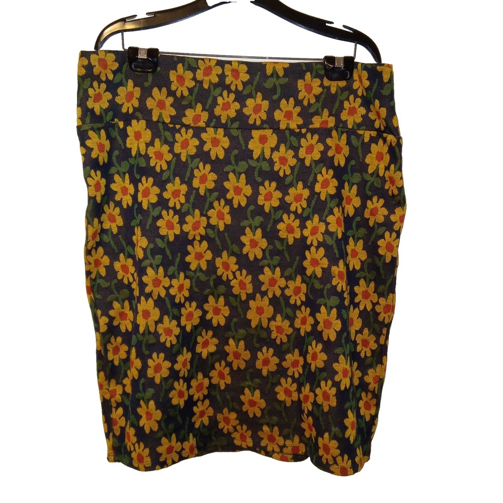LuLaRoe Cassie Pencil Skirt Women 3XL Navy Yellow Orange Daisy Floral Stretch